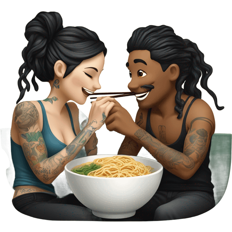 romantic noodle date with beautiful loving tattooed white couple sharing noodle emoji