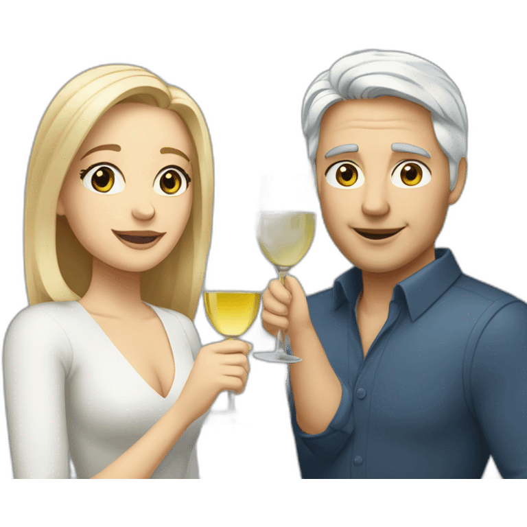 A white woman with brown eyes and blond medium long hair and a white man with blue eyes and grey hair, toasting with a glass of white wine emoji