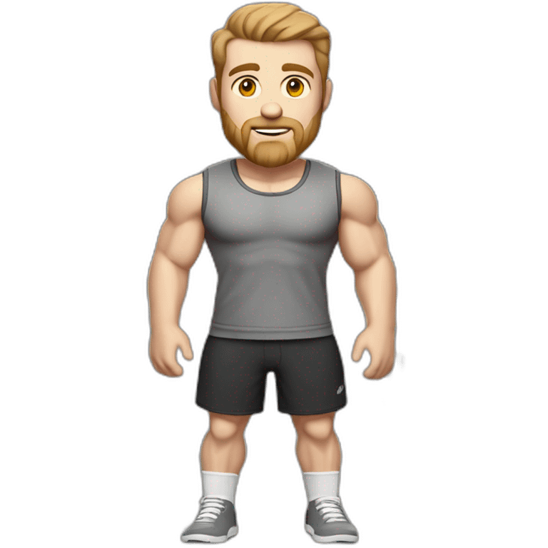 Full height Pale skinned muscular man With Realistic eyes and mouth, light brown hair and stubble In dark gray sleeveless mike, black oversize sports shorts, watch and white sneakers. emoji