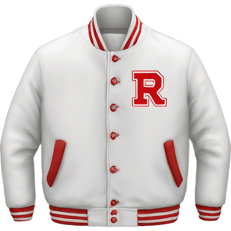 Red and white varsity jacket with a R emoji