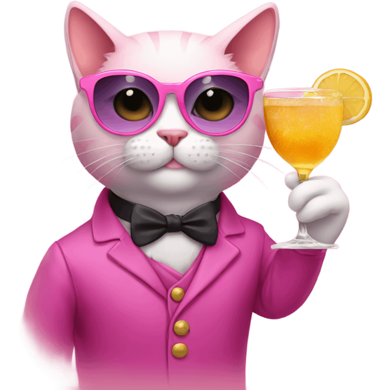 A pink cat wearing fancy sunglasses and having a fancy drink  emoji