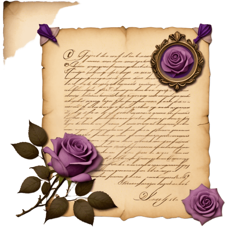 An antique handwritten letter on aged parchment, delicately adorned with dried light mauve roses, their petals slightly curled with time, resting beside it. A deep tyrian purple wax seal, intricately stamped with an ornate crest, secures the letter, evoking a vintage aesthetic of romance and mystery. The soft glow of candlelight casts gentle shadows, enhancing the nostalgic charm of the scene. emoji