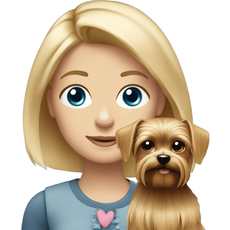 Blonde girl blue eyes with her pet yorkshire terrier emoji