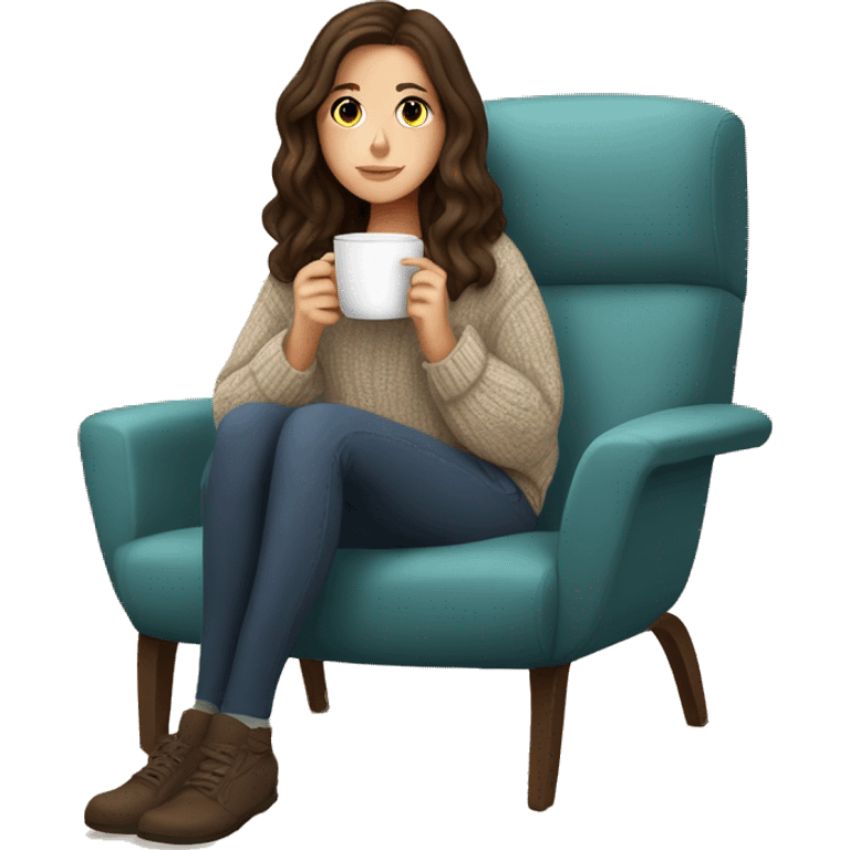 Brunette white girl autumn vibe wearing sweater sitting on a cozy chair holding coffee emoji