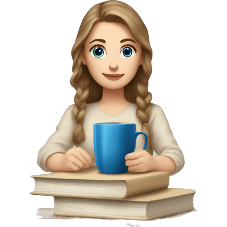 stack of beige books, Russian white girl with brown middle hair, blue eyes, sitting on table, coffee emoji