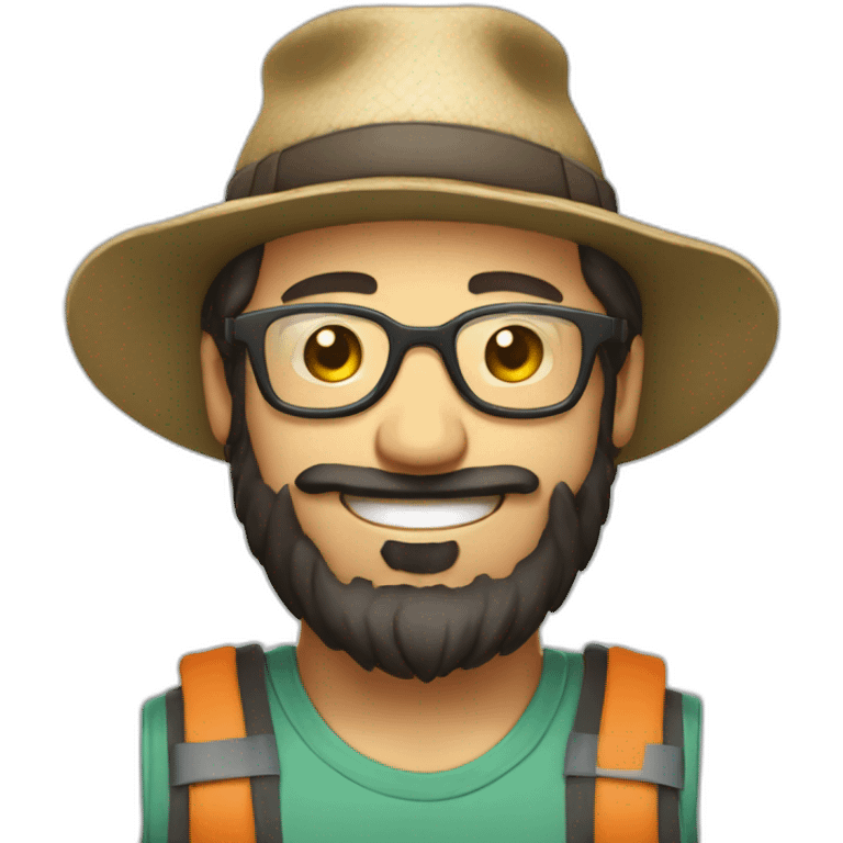 happy smile gardener face long dark beard and very short dark hair with little transparent glasses and a hat emoji