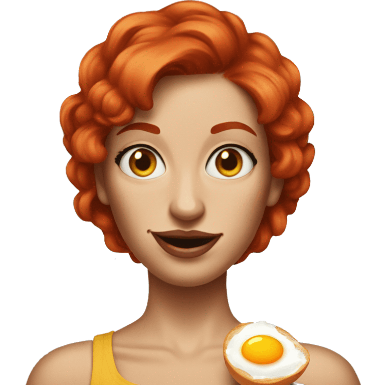 Woman with red hair, blue eyes and arm tattoos holding fried eggs emoji