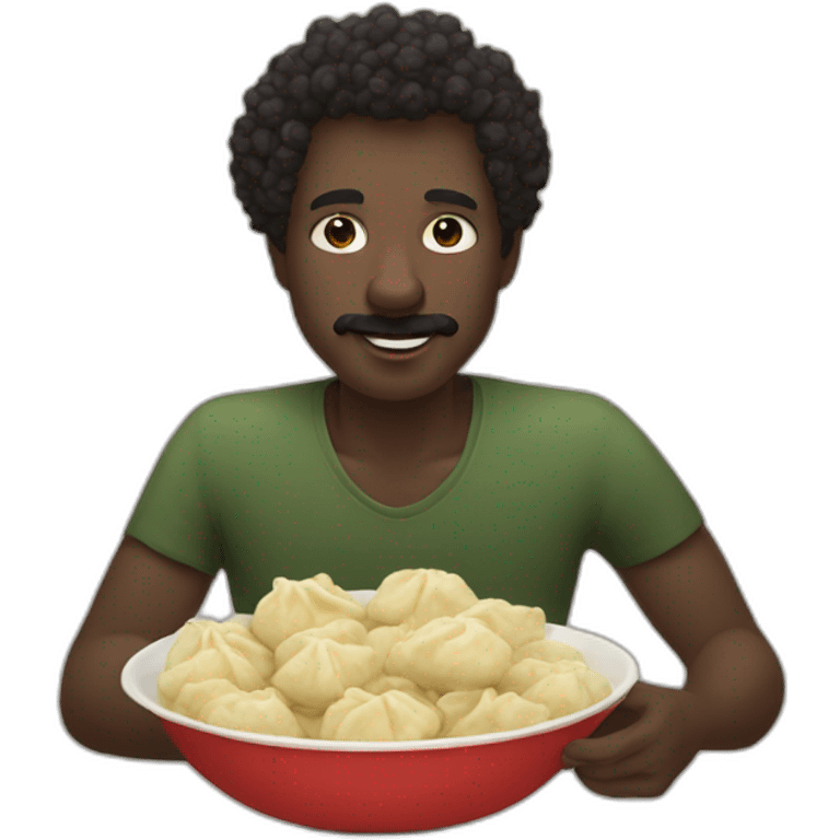 Dark skin guy with mustache and short curly hair eating heaps ofdumplings emoji