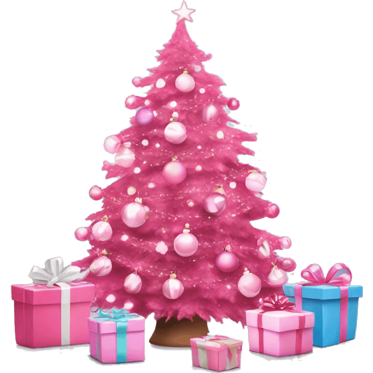 Pink Christmas tree with white Christmas lights and pink presents surrounding it emoji