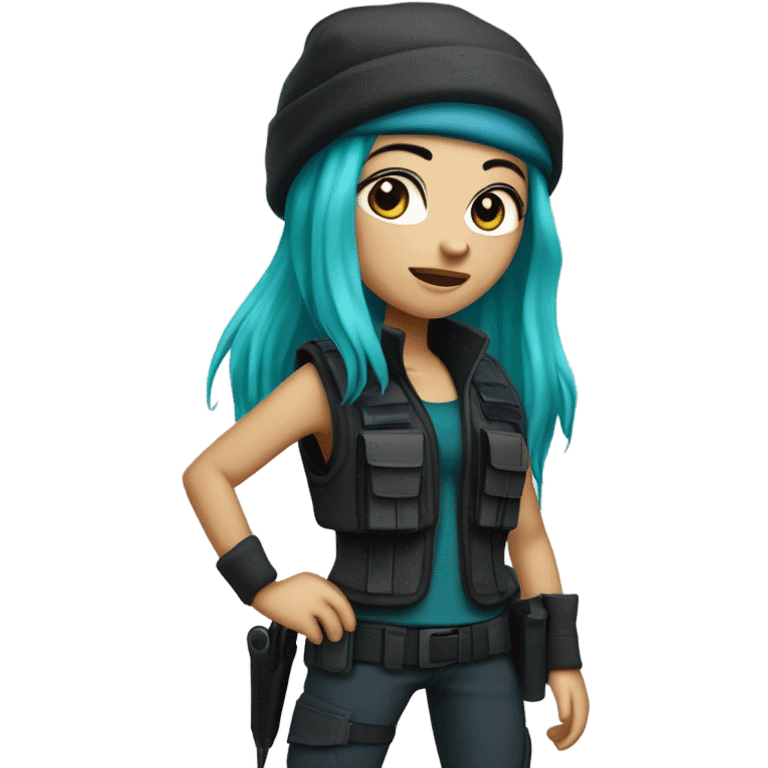 Girl, white skin, tactical vest, dark pants, long teal and purple hair, blue eyes, black beanie hat, knife, black combat boots emoji