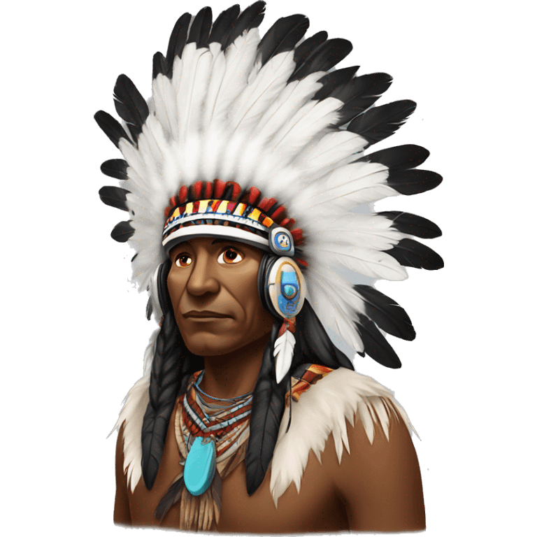 Black Indian chief with headset on and feathers emoji