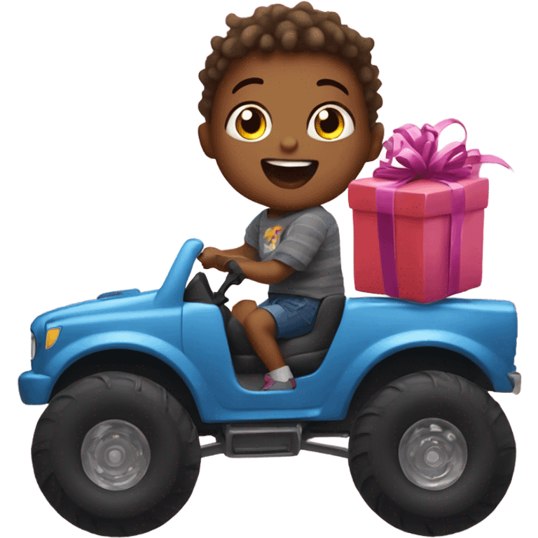 Toddler riding monster truck opening presents emoji