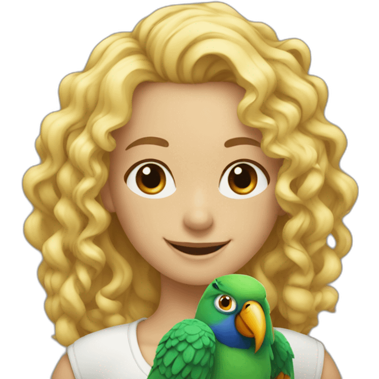 curly smiling blonde girl with parrot on her shoulder emoji