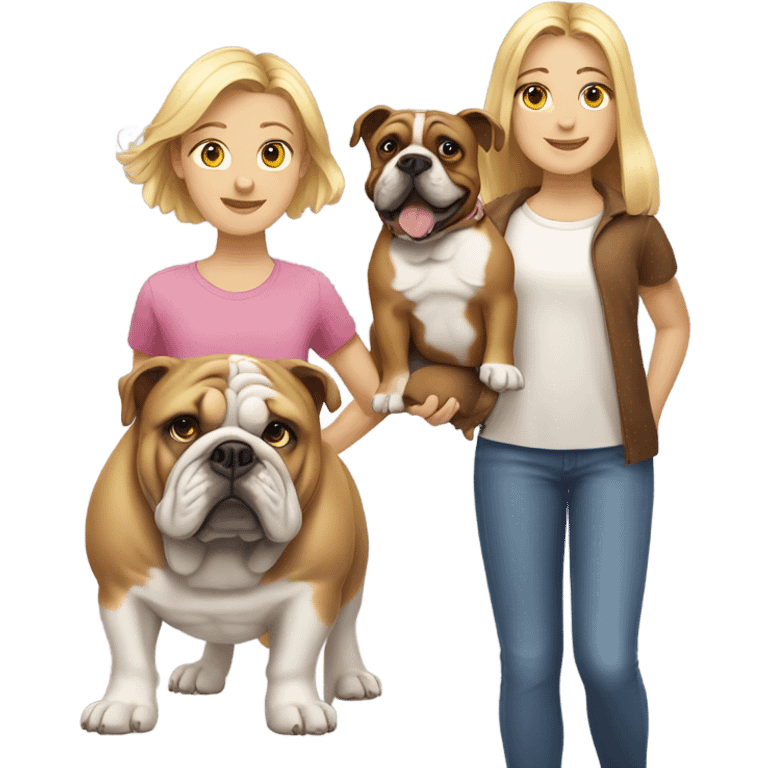 Girl with blonde hair and girl with brown hair with bulldog in the middle emoji