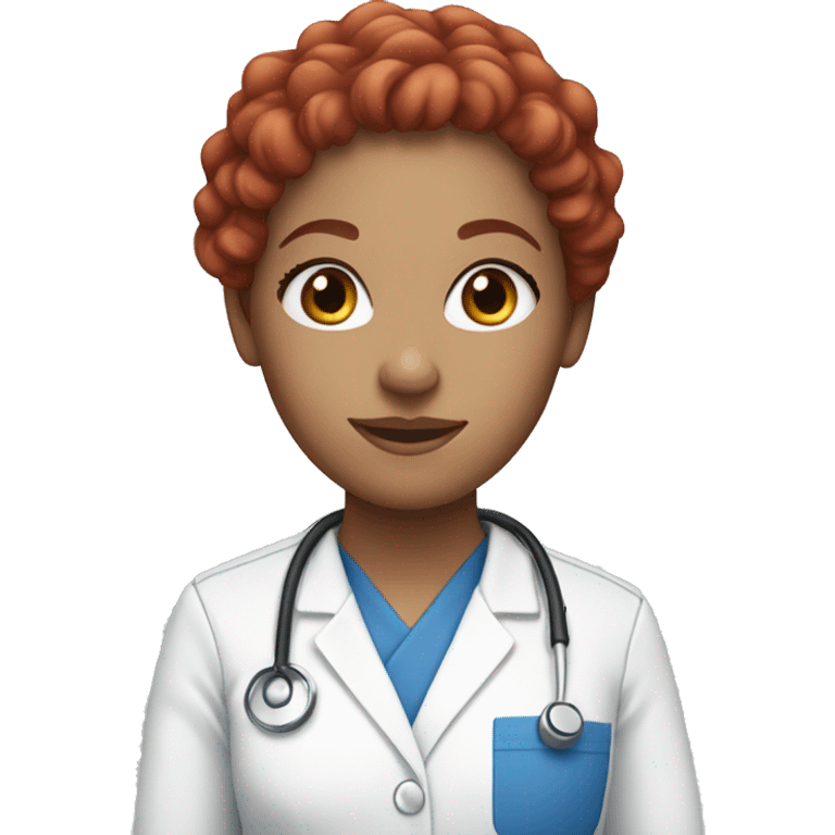 White woman with red long curly hair and blue eyes wearing scrubs emoji