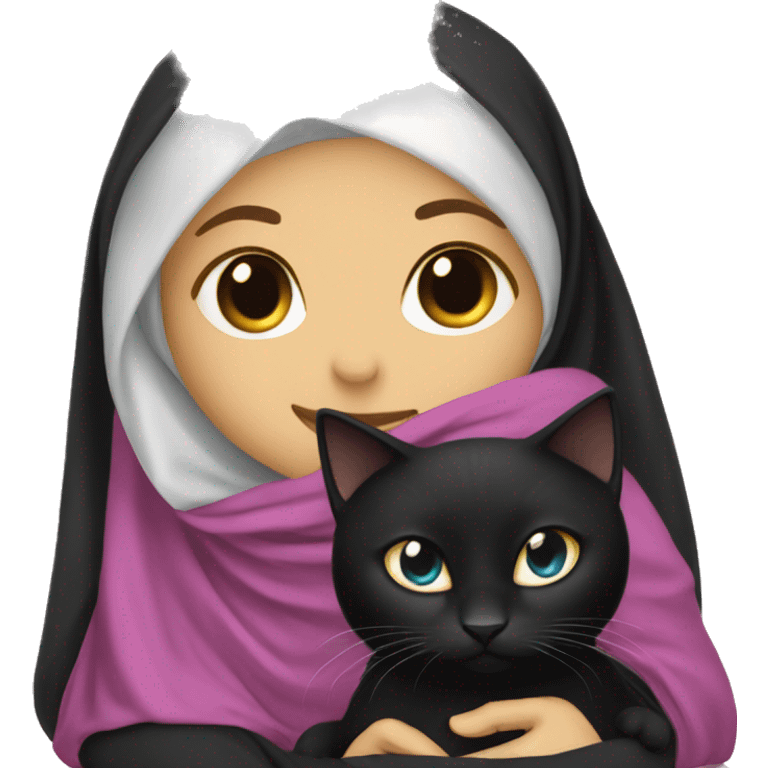 Black cat sitting in Emo girls lap with hijab emoji