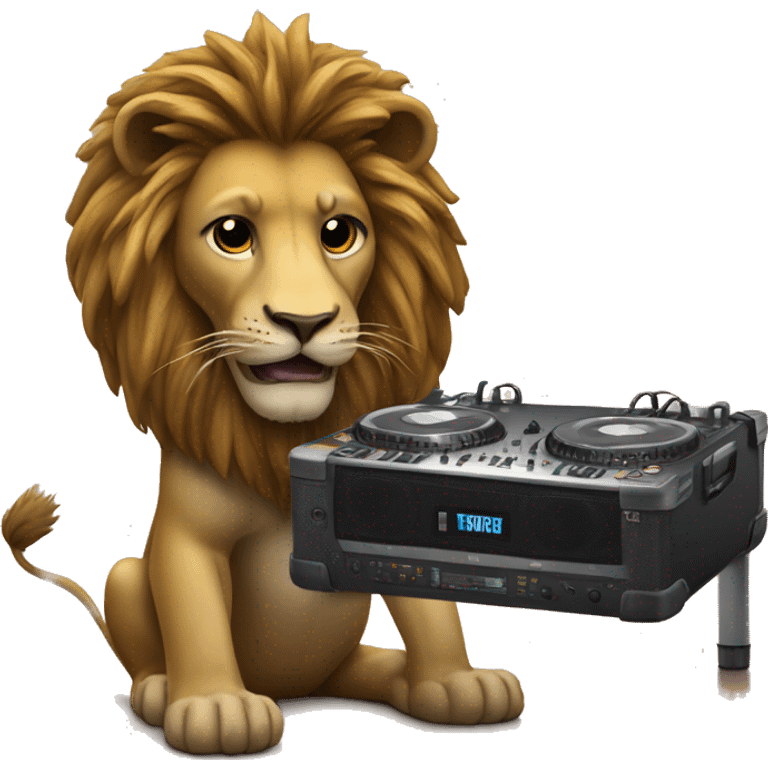 Lion playing music with the DJ headphones and the DJ  table  emoji