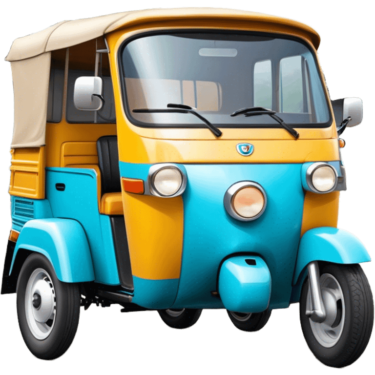 Cinematic Realistic Tuk Tuk Emoji, depicted as a vibrant iconic three-wheeled vehicle with bold colors and a compact design, rendered with crisp textures and dynamic urban lighting that captures its quintessential Thai charm. emoji