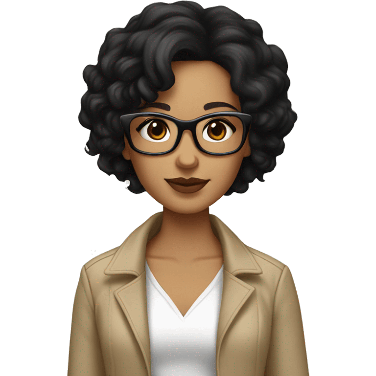 short black wavy hair, light skin, brown eyes, cheetah pattern glasses, beige jacket and white shirt girl emoji