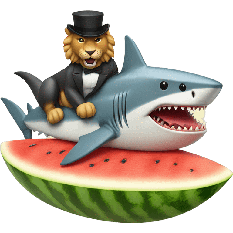 Shark with a top hat on a surfboard eating watermelon while riding a lion emoji