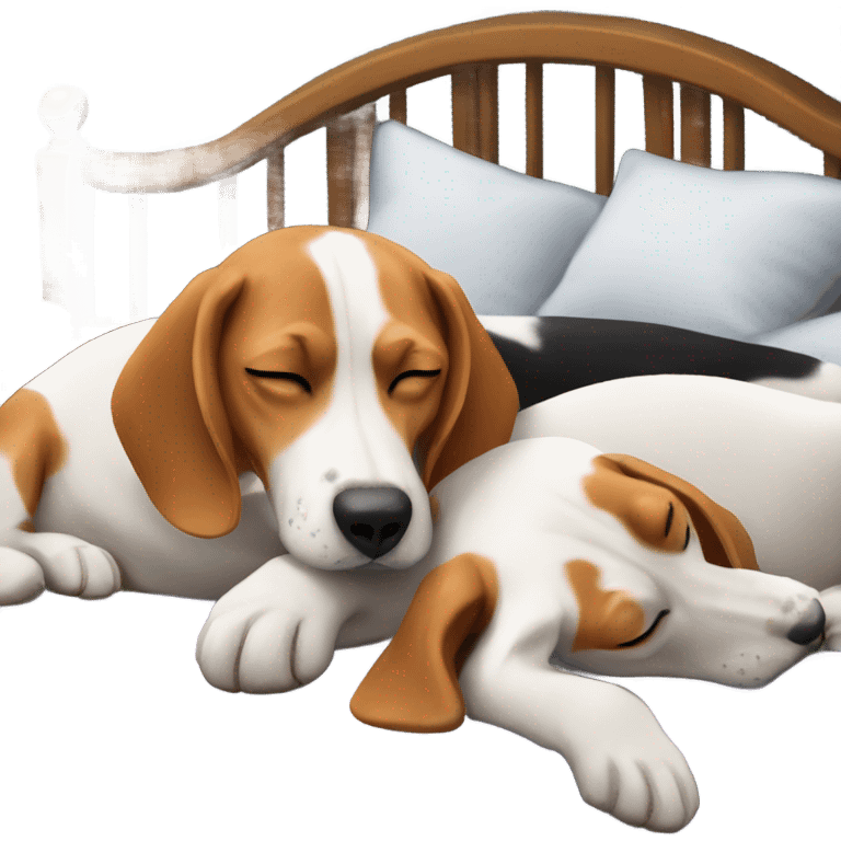 Three beagles laying in a bed surrounding a man who is asleep emoji