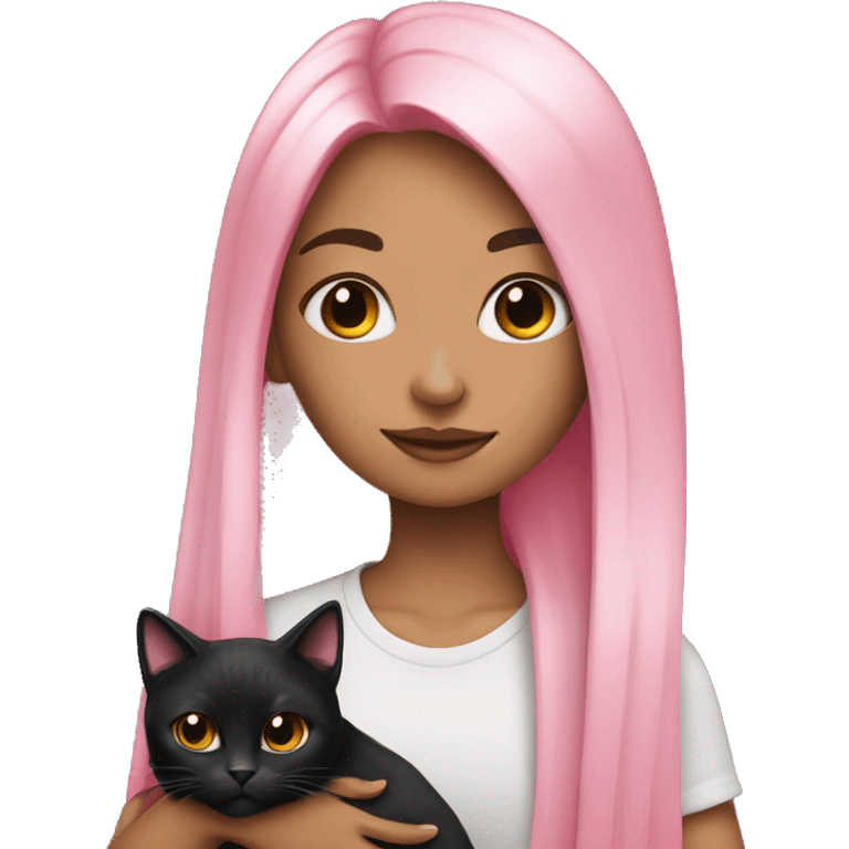 girl with black and pink long hair holding a black cat emoji