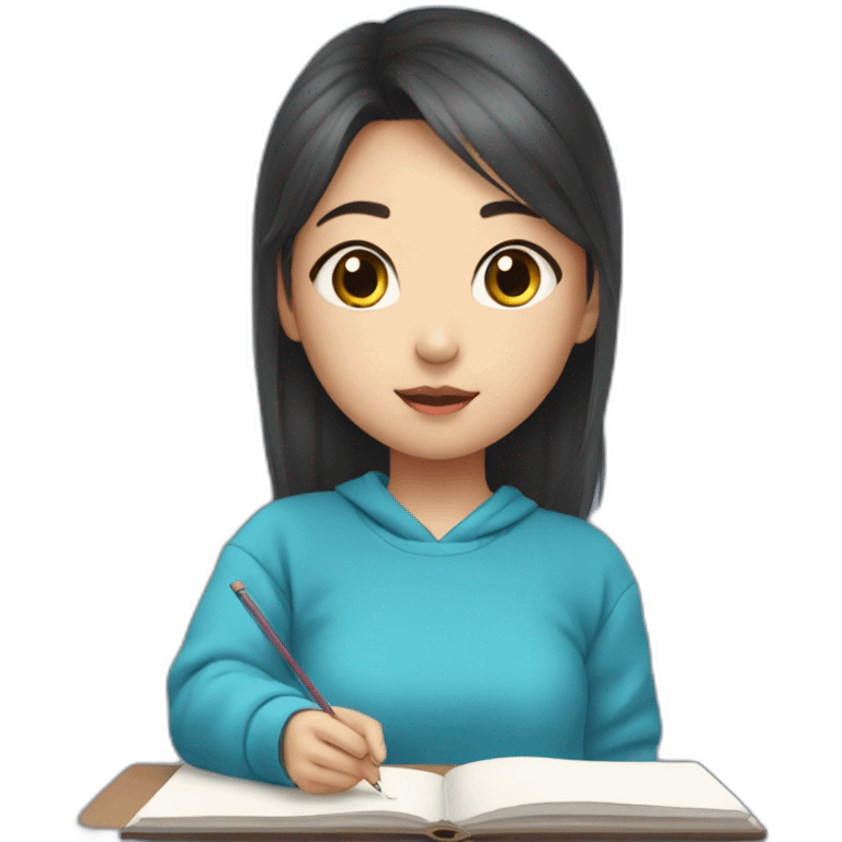 Cute asian aesthetic girl doing lessons in a blue sweatshirt emoji