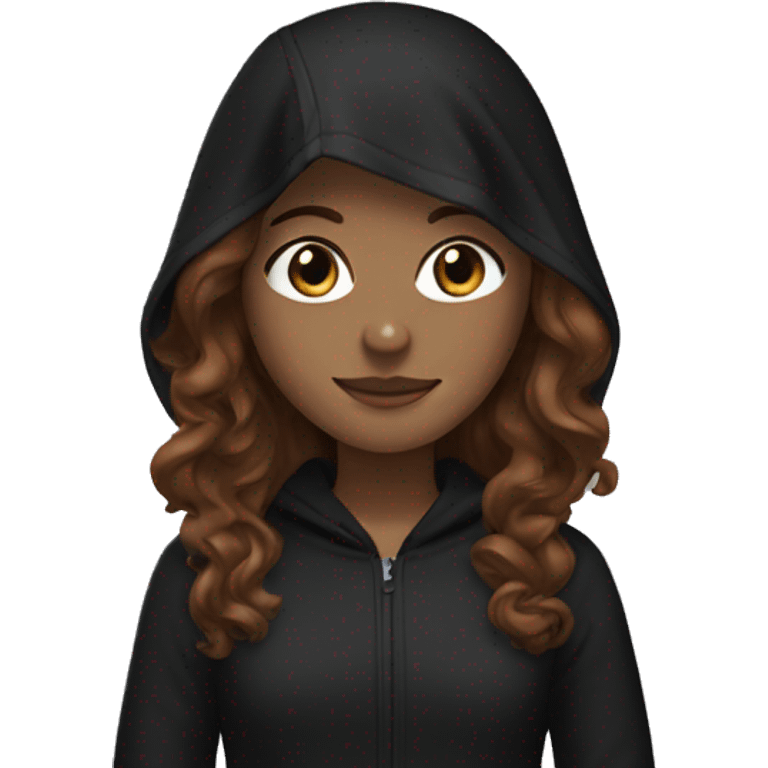 girl with brown wavy hair, black headband and black hood emoji