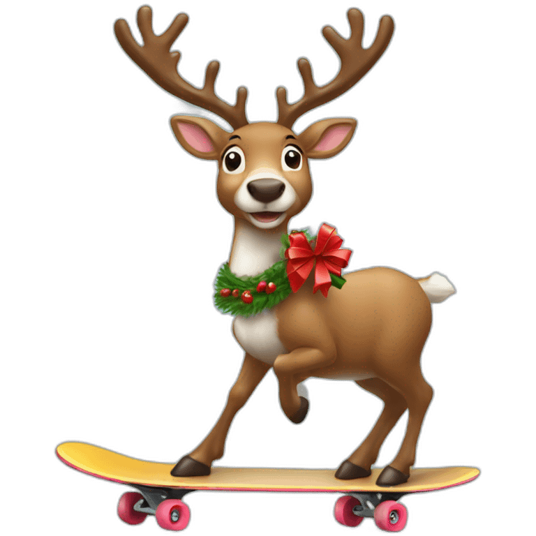 Reindeer delivering Christmas gift on skateboard emoji