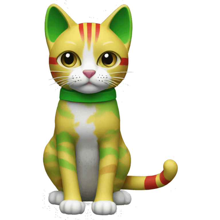 cat doll yellow head, Green right ear, Strip-pattern green white Left, Red body, Black right arm, Green Left arm emoji