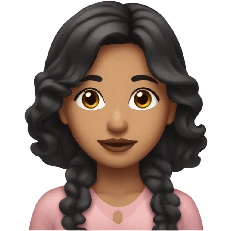 A South Asian girl with skin, black wavy hair between her chin and shoulder and pale pink lips emoji