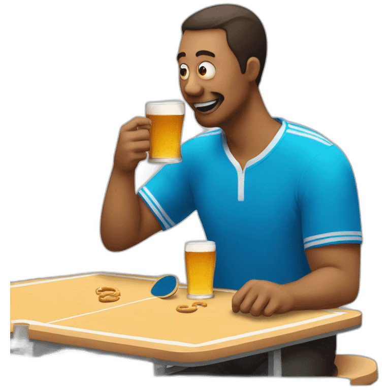 man playing ping pong drinking beer and eating pretzel emoji