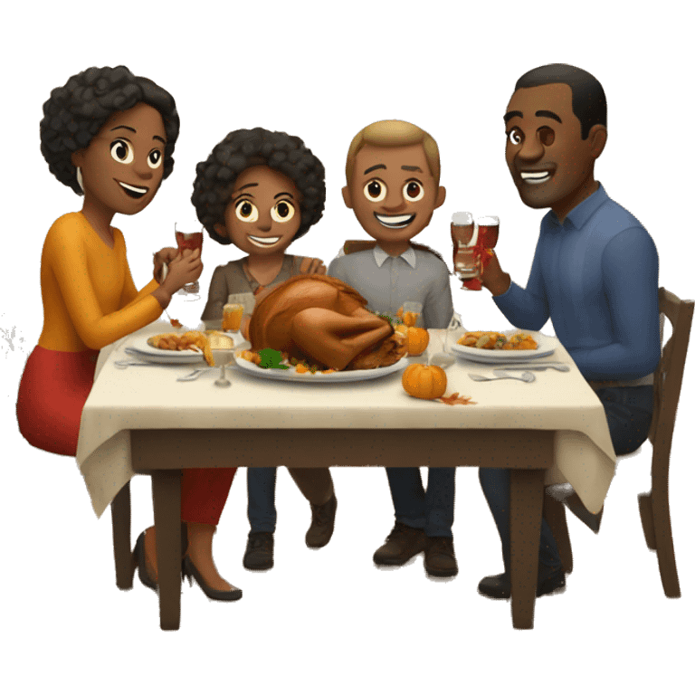 Family sitting at Thanksgiving table with plenty of drinks emoji