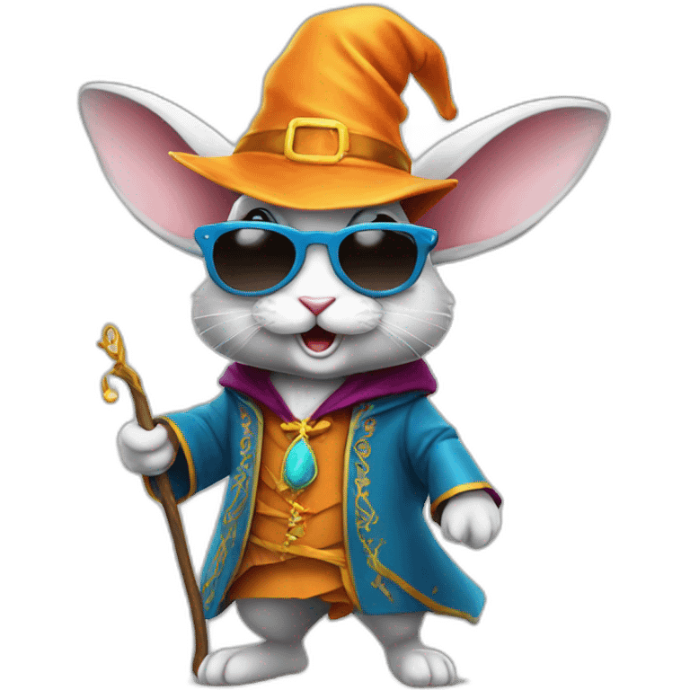 crazy rabbit in sunglasses and wizard outfit and hat, full body emoji