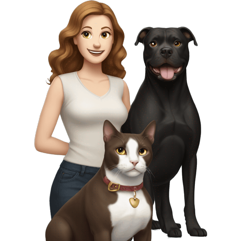 white woman with long brown hair and cat shaped eyes standing alongside a happy black pitbull  emoji