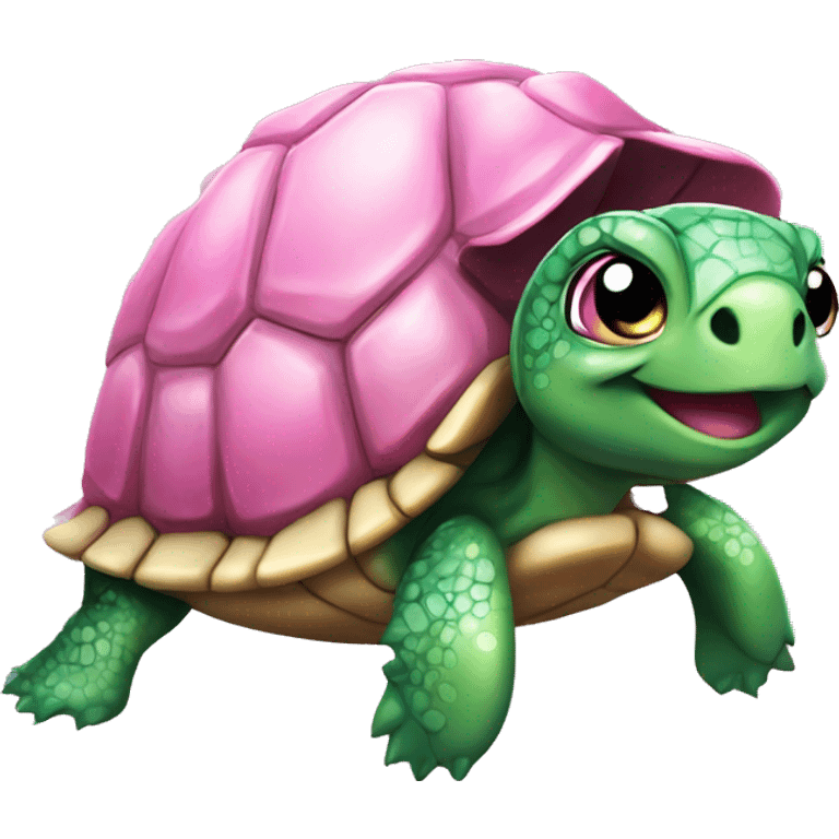 cute turtle, with a green sparkly shell, a small bow pink bow on its head emoji