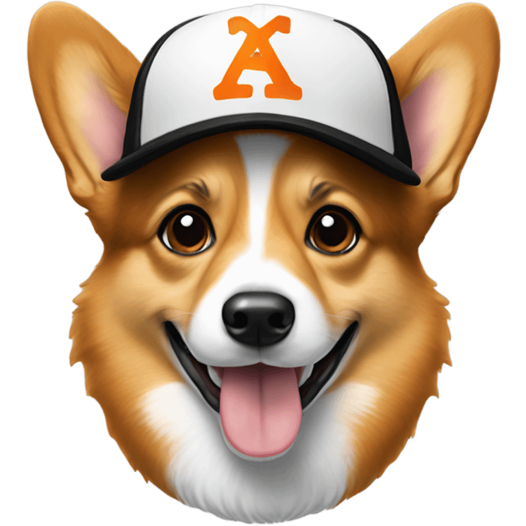 corgi wearing a black baseball hat with a small orange square with white letters "YC" logo emoji