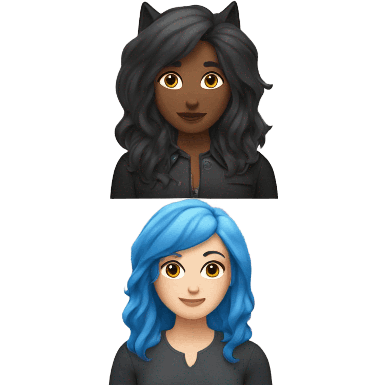 lesbians in love one with shoulder length black wolf cut and the other one id brunette with blue ends of her hair and they're both white emoji