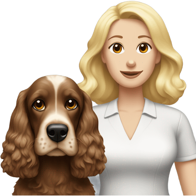 Dark brown cocker spaniel with white belly. With women with blonde hair emoji