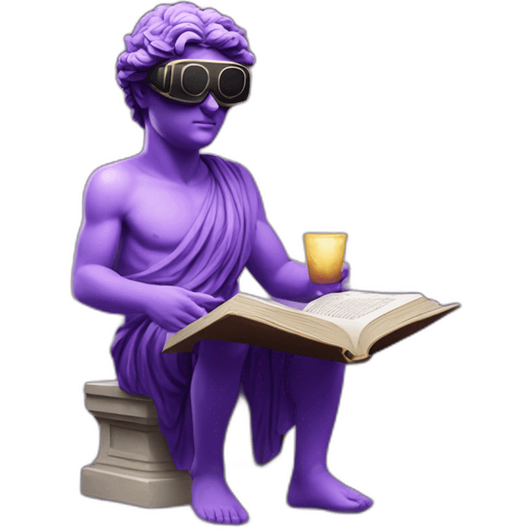 an EMOJI OF A ancient young greek statue reading a book, wearing VR glasses, purple colors, DIGITAL UNIVERSE emoji