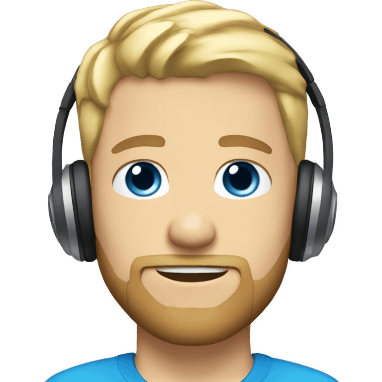 short blond hair, short beard, blue eyes, headphones, white skin emoji