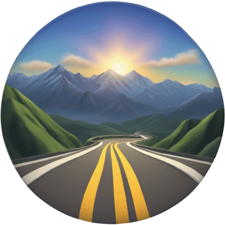 A vehicle on an unfamiliar road, with mountains in the background and the sun rising emoji