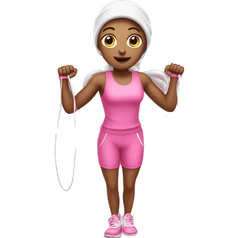 white gym girl in pink outfit with a skipping rope over her head emoji