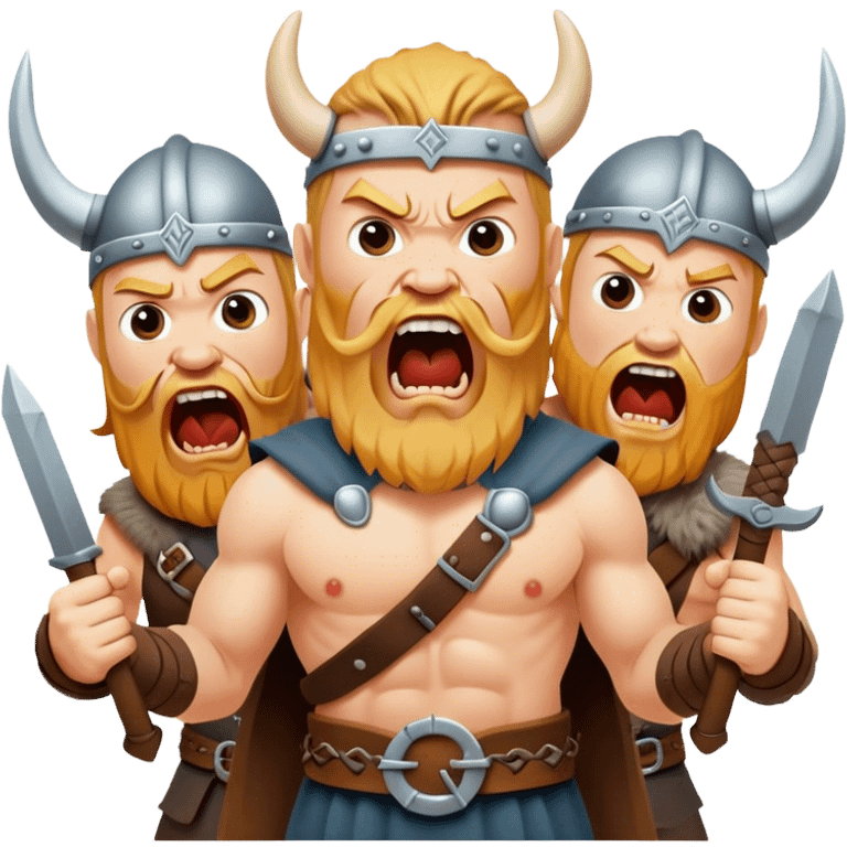 three different Vikings scream, weapons in their hands, realistic emoji