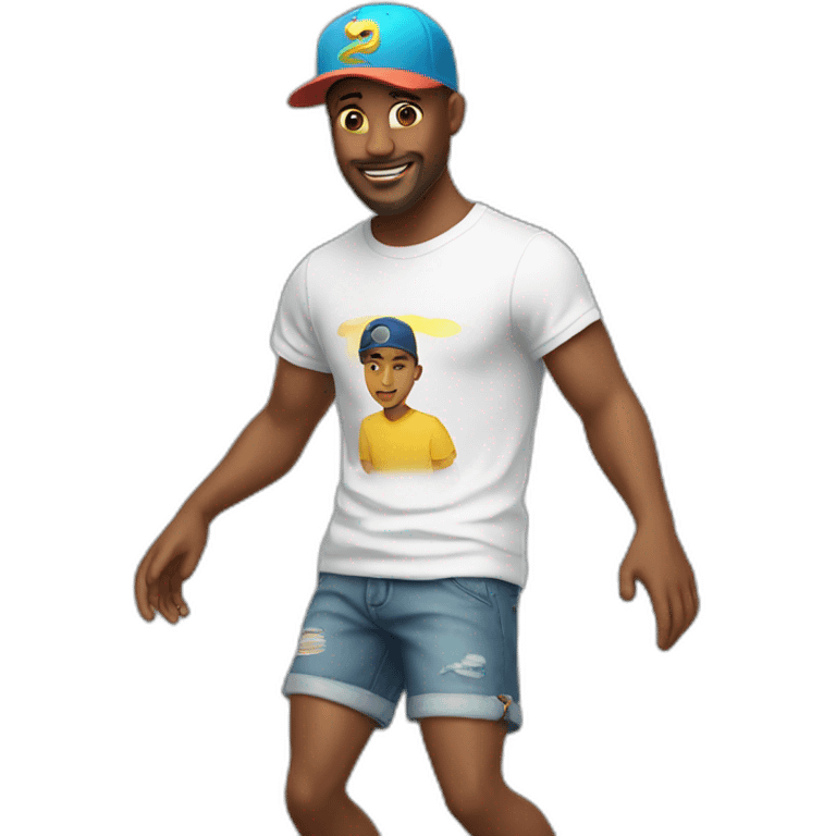 white man, cross earring, t-shirt, cap and short shorts, dancing emoji