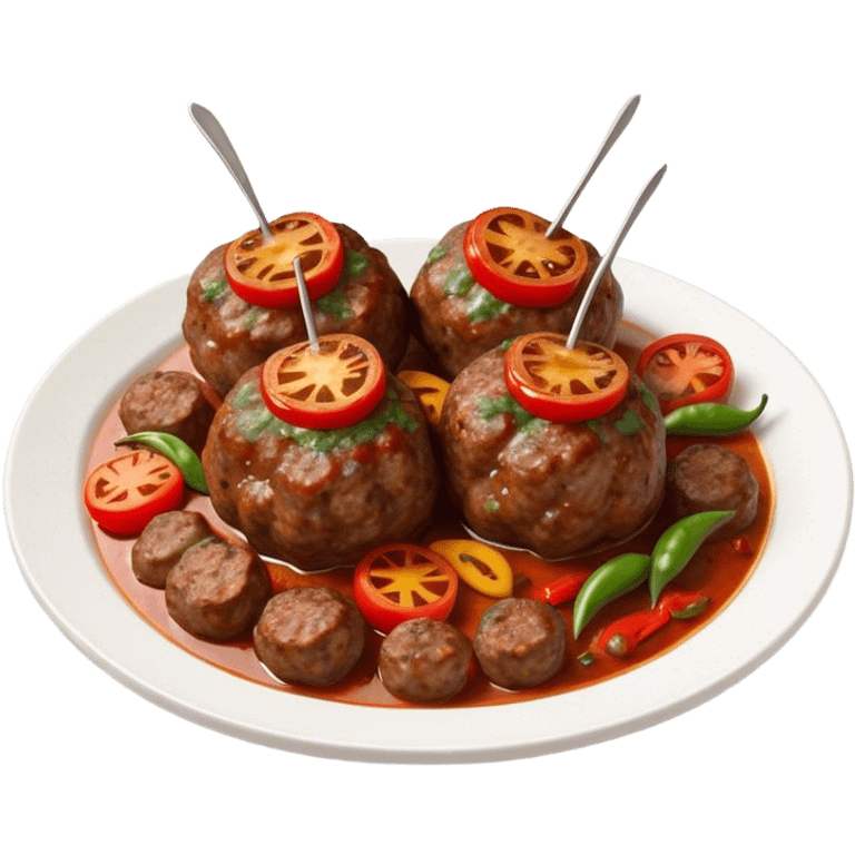 Cinematic Realistic Kofte Dish Emoji, depicted as seasoned, grilled meatballs with a charred exterior rendered with lifelike textures and robust, appetizing lighting. emoji