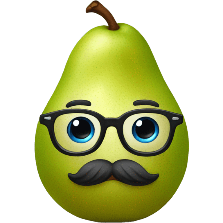 a pear with blue eyes, glasses, upturned hair, mustaches and muscular arms emoji