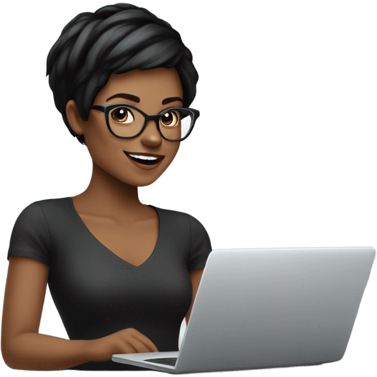 Graphic Designer woman black pixie cut with laptop, happy, no glasses emoji