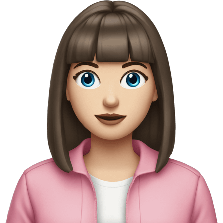 Beautiful Brunette blue eyed white girl with bangs pink outfit with a cbd blunt in her hand  emoji