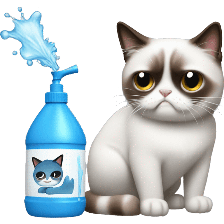 Spray bottle spraying water at a grumpy cat emoji